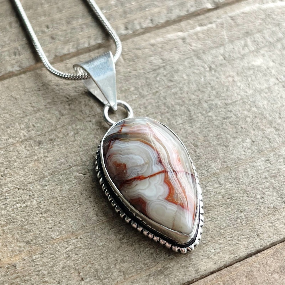 Crazy Lace Agate Pendant Necklace in 925 Sterling on 18" Silver Snake Chain #012